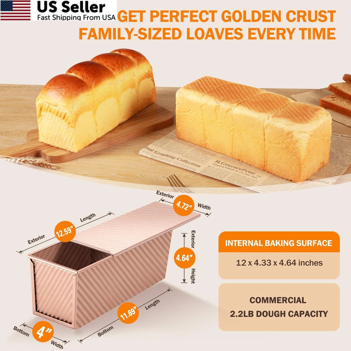 13x4 Inch Pullman Loaf Pan with Lid for Baking (Premium Rose Gold)