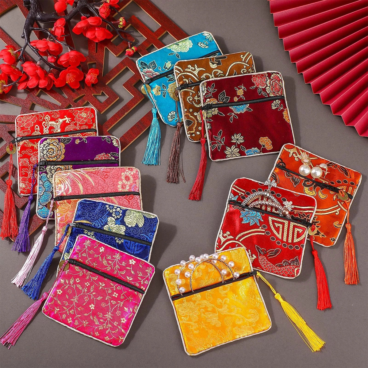 50 Pcs Silk Purse Pouch Gift Bags Bulk, Chinese Brocade Style