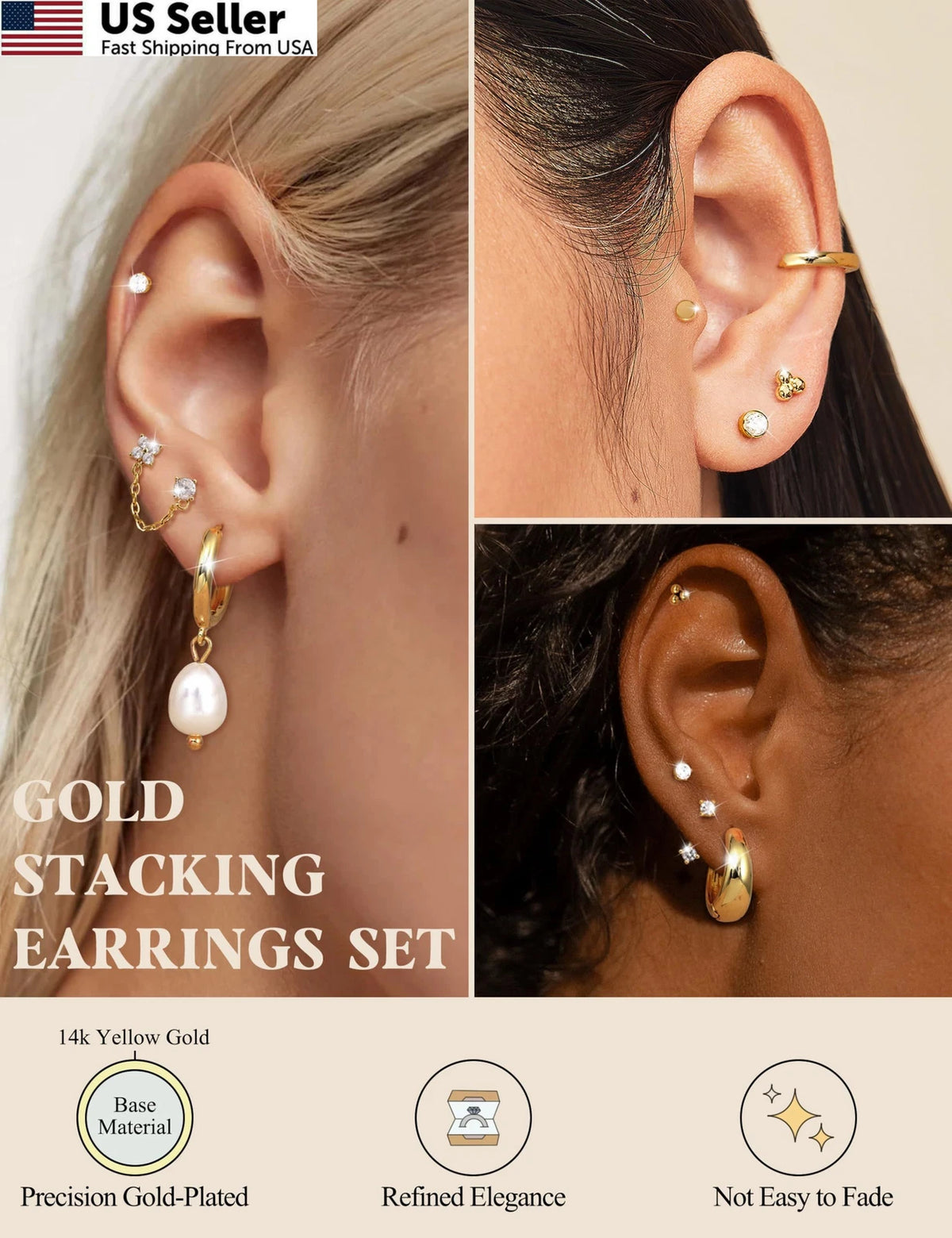 Flat Back Earrings for Women - 14K Gold Plated, Multiple Sizes