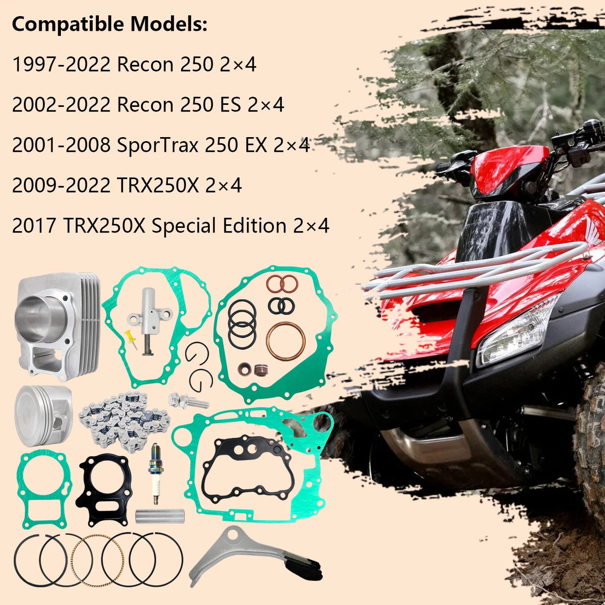 Cylinder Gasket Top End Kit & Tensioner for Honda Recon 250 TRX250TE/TM (1997–2022) - 12100-HN6-000, 12191-HM8-000, 13011-HS0-305, 12315-HN6-010, 14540-HN5-671