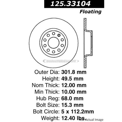 Centric Rear Brake Rotor Disc for Audi A6 Quattro (2005–2011) 125.33104, 17106865-101, 17106865-102