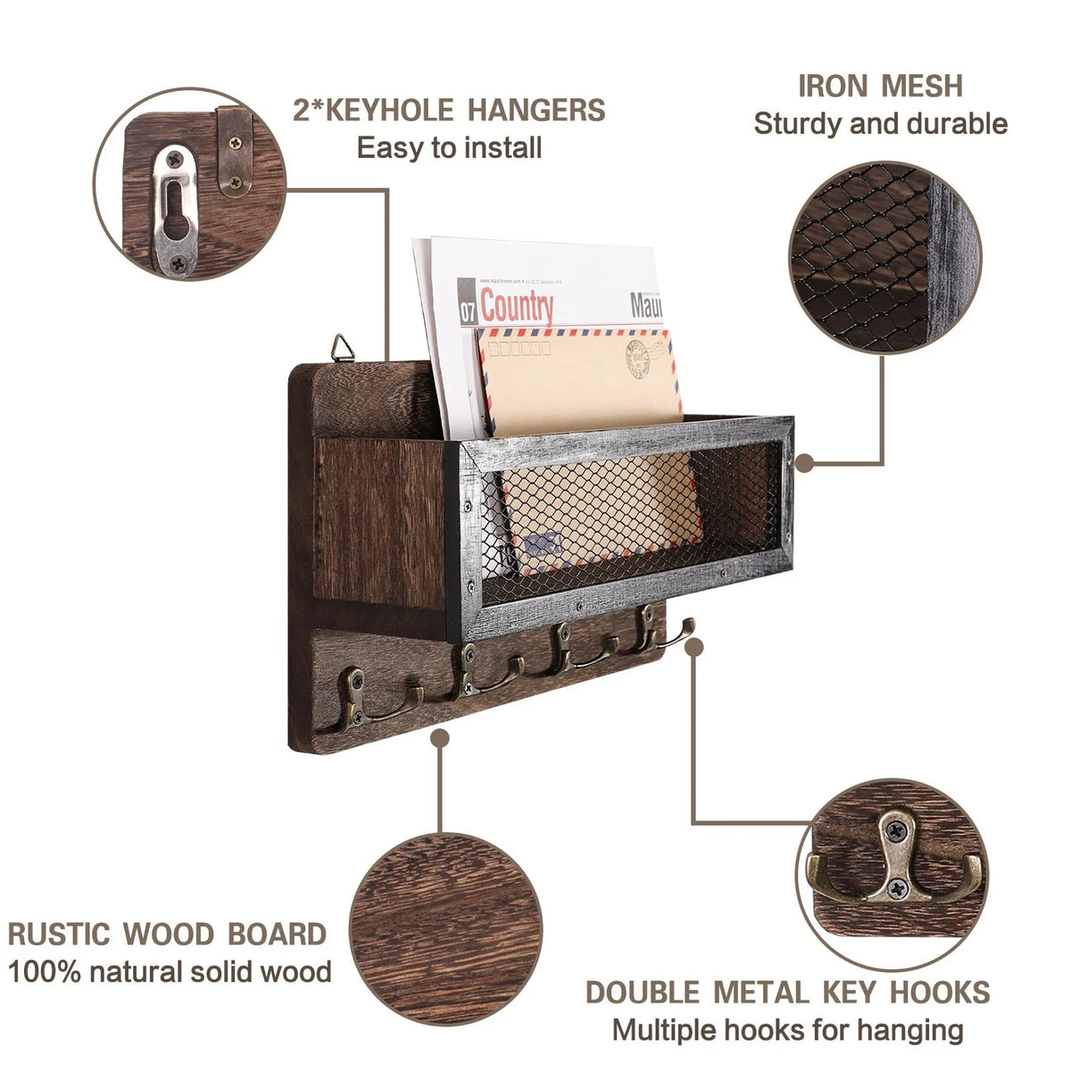 Mail and Key Holder for Wall - Wooden Mount Brown