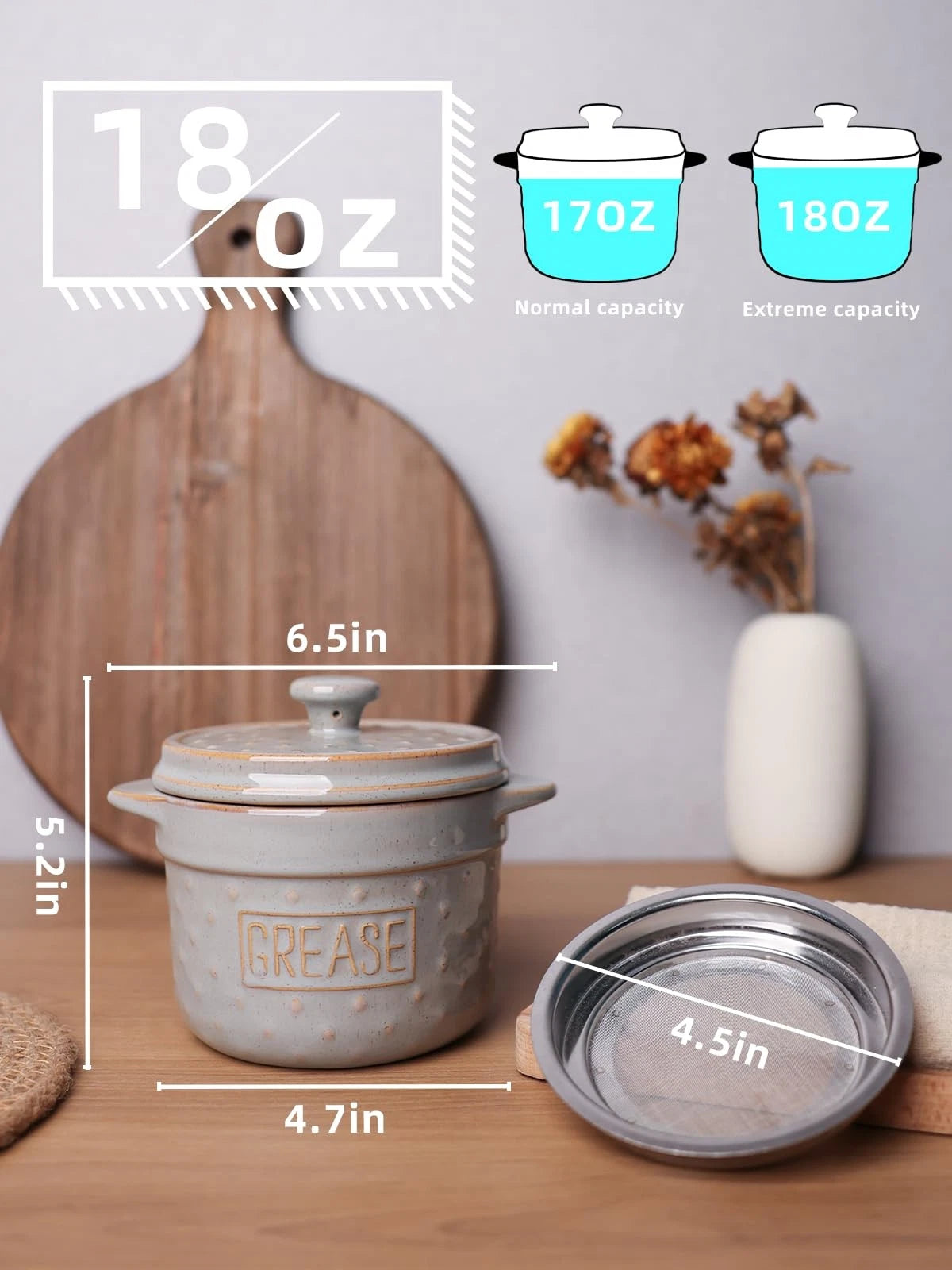 Ceramic Bacon Grease Container with Strainer for Kitchen (Small, Vintage Grey)