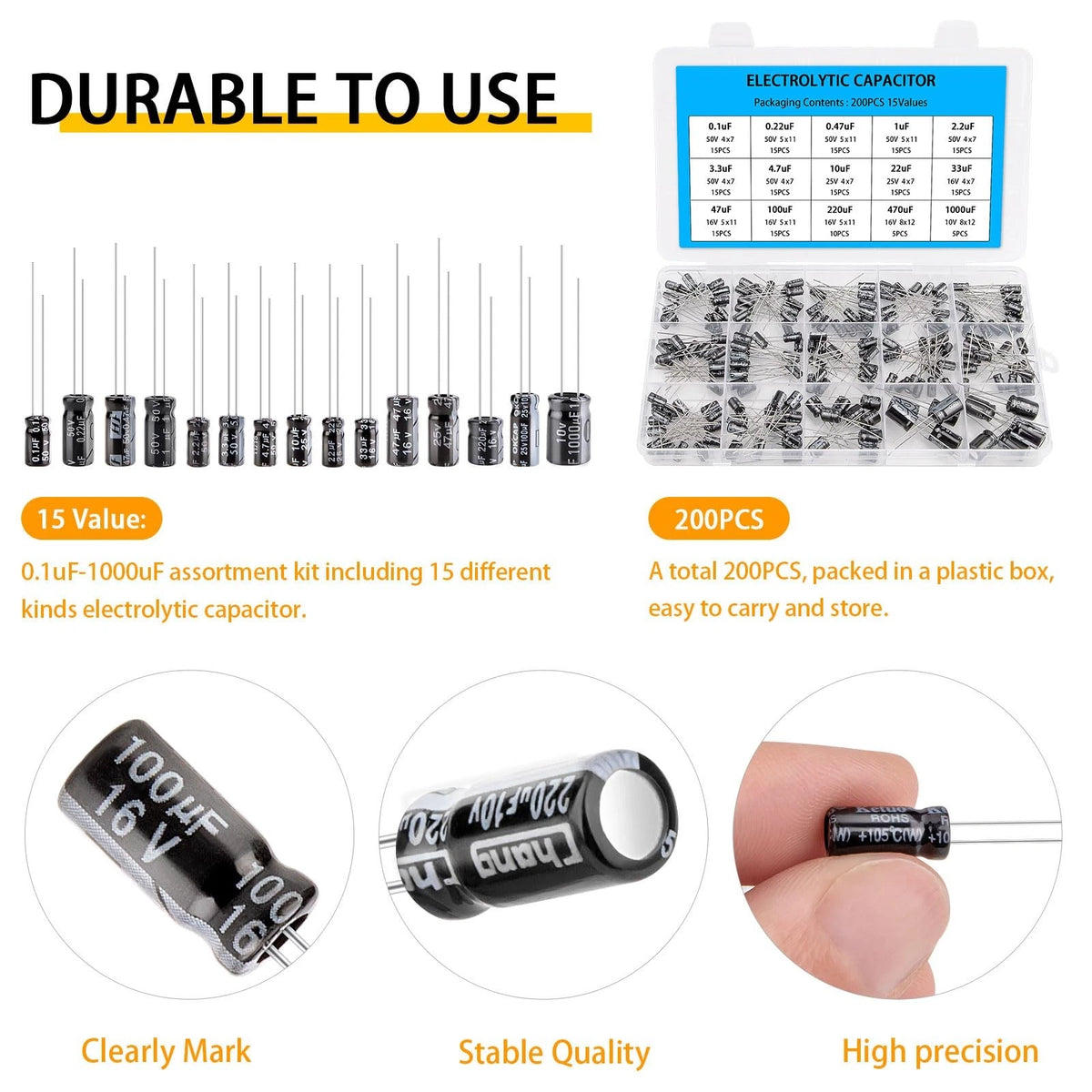 200PCS Electrolytic Capacitor Kit for Various Applications (0.1uF - 1000uF)