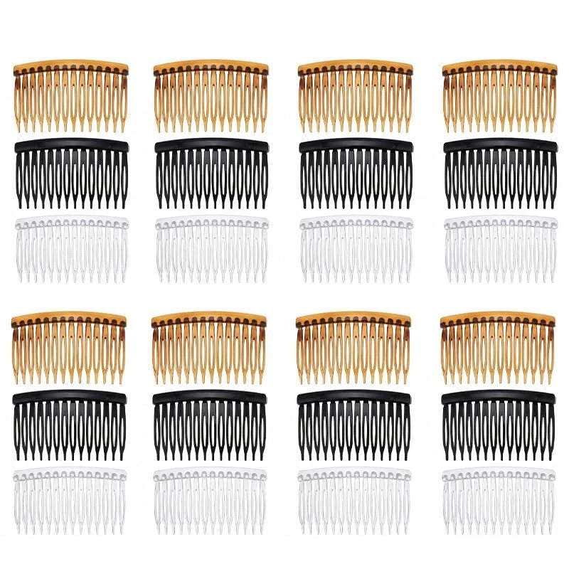 24 Pcs French Side Combs Set - 14 Teeth 2.75 Inch, Transparent, Black, Brown
