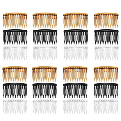 24 Pcs French Side Combs Set - 14 Teeth 2.75 Inch, Transparent, Black, Brown
