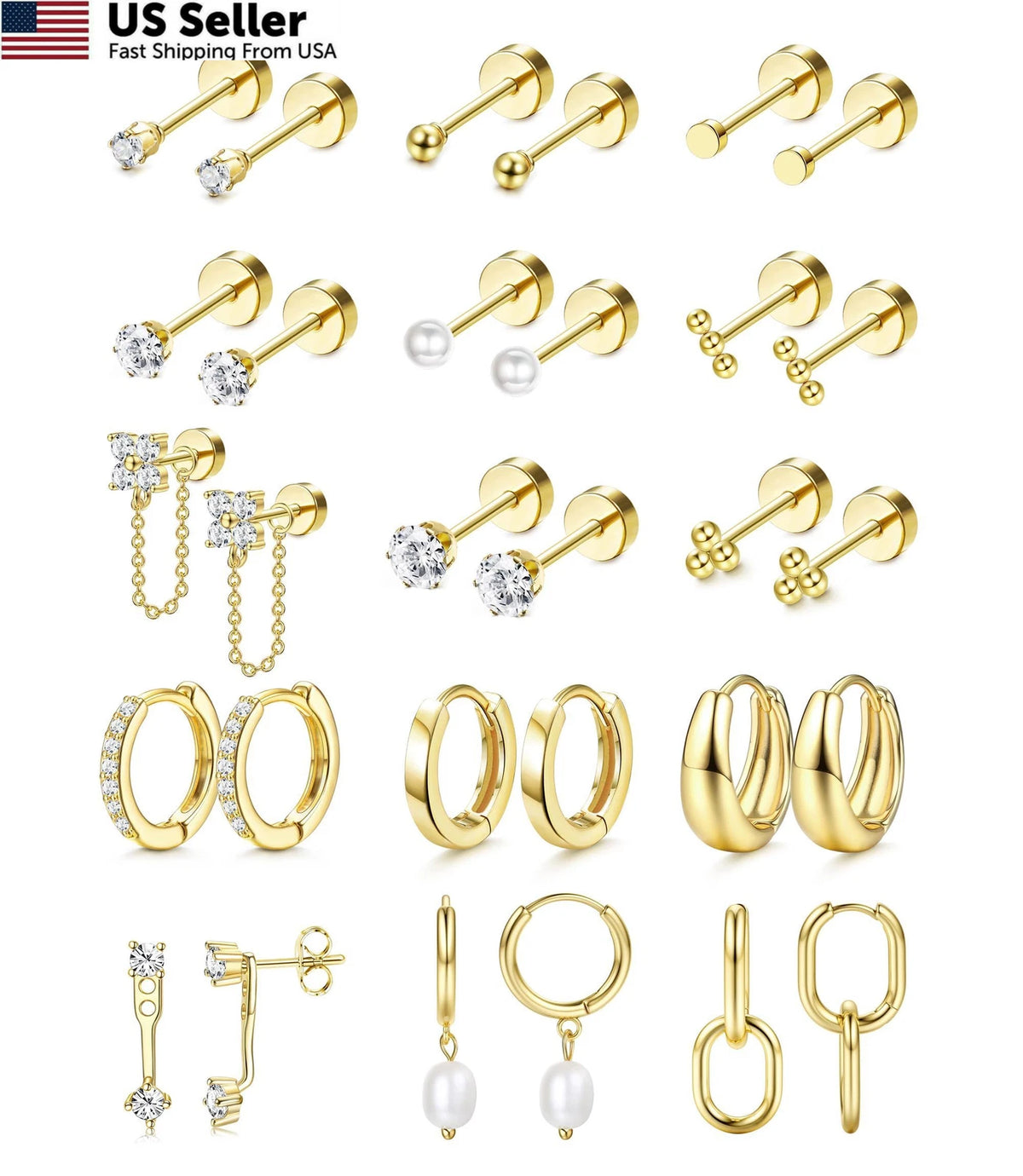 Flat Back Earrings for Women - 14K Gold Plated, Multiple Sizes
