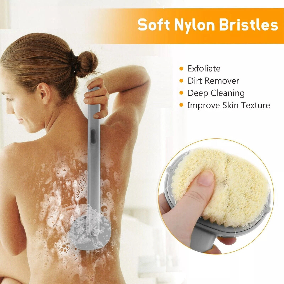 Bath Shower Brush for Body Exfoliation (Long Handle, Soft Bristles)