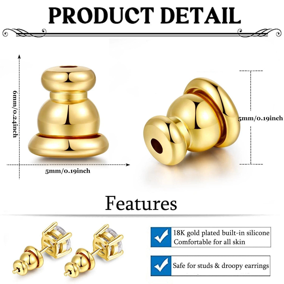 2X Earring Backs for Studs, 18K Gold Bullet 6mm, Gold