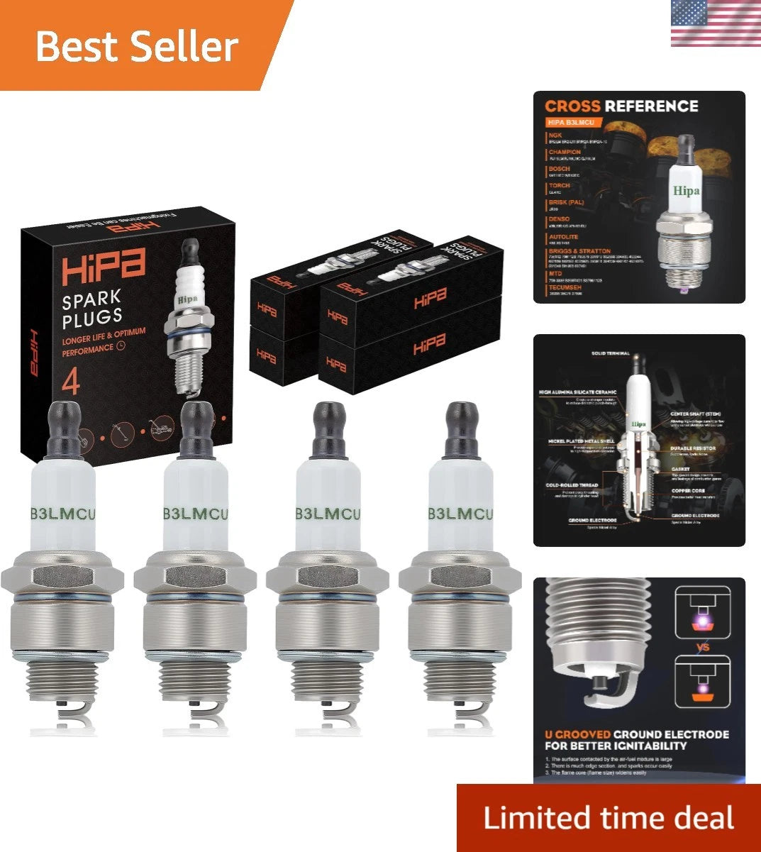 4X RJ19LM Spark Plug for Briggs & Stratton (Optimal Lawn Mower Performance)