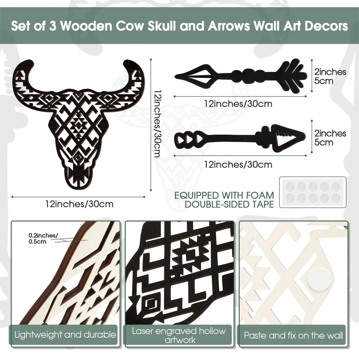 3X Wooden Bull Skull Wall Decor for Western Home (12")