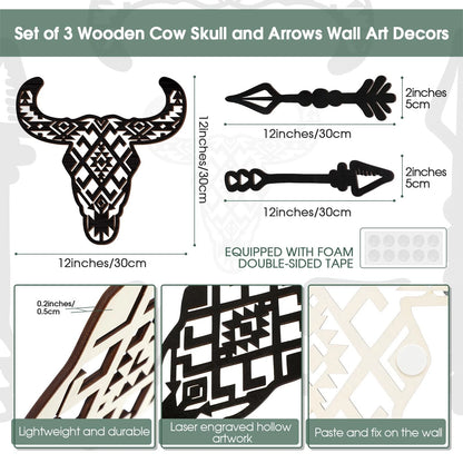 3X Wooden Bull Skull Wall Decor for Western Home (12")