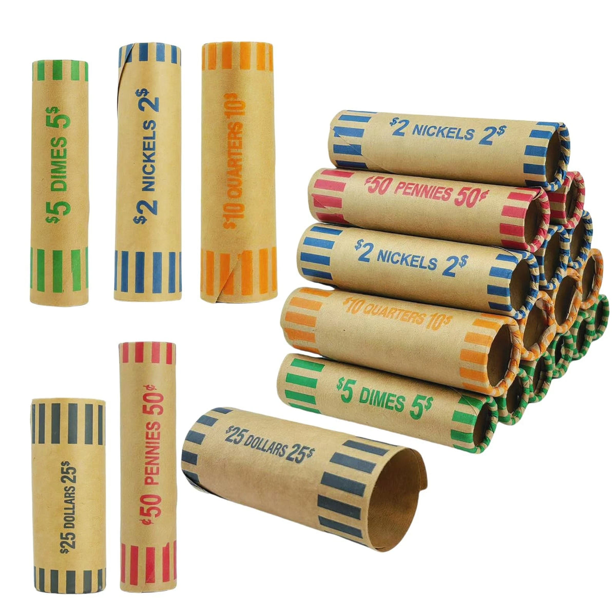 110 Pcs Assorted Preformed Coin Wrappers - Red, Green, Blue, Orange