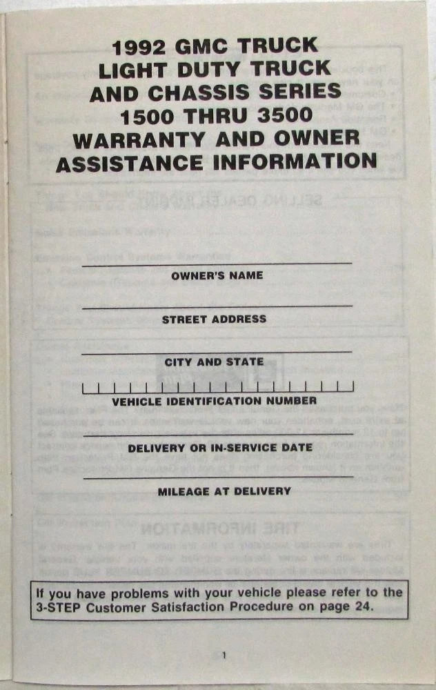 Warranty and Owner Assistance Information for GMC Truck and Chassis 1500-3500 (1992)