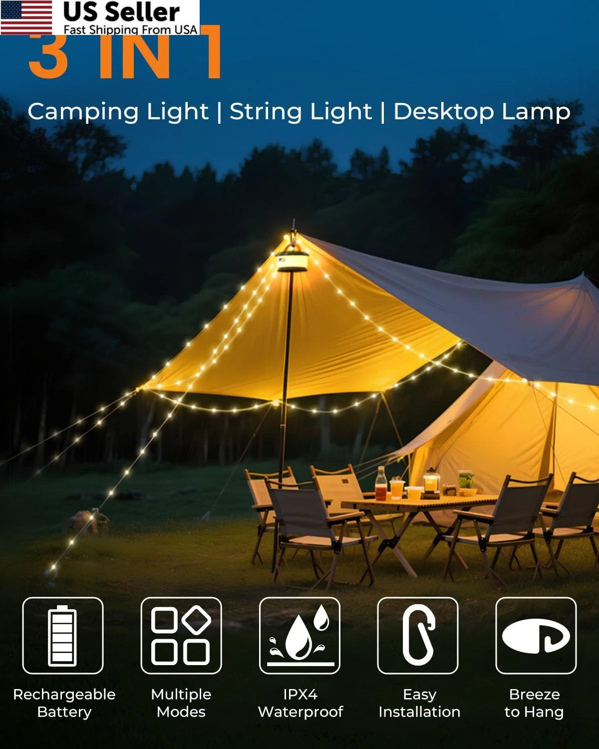 Retractable Camping String Lights for Outdoor Use (32.8ft)
