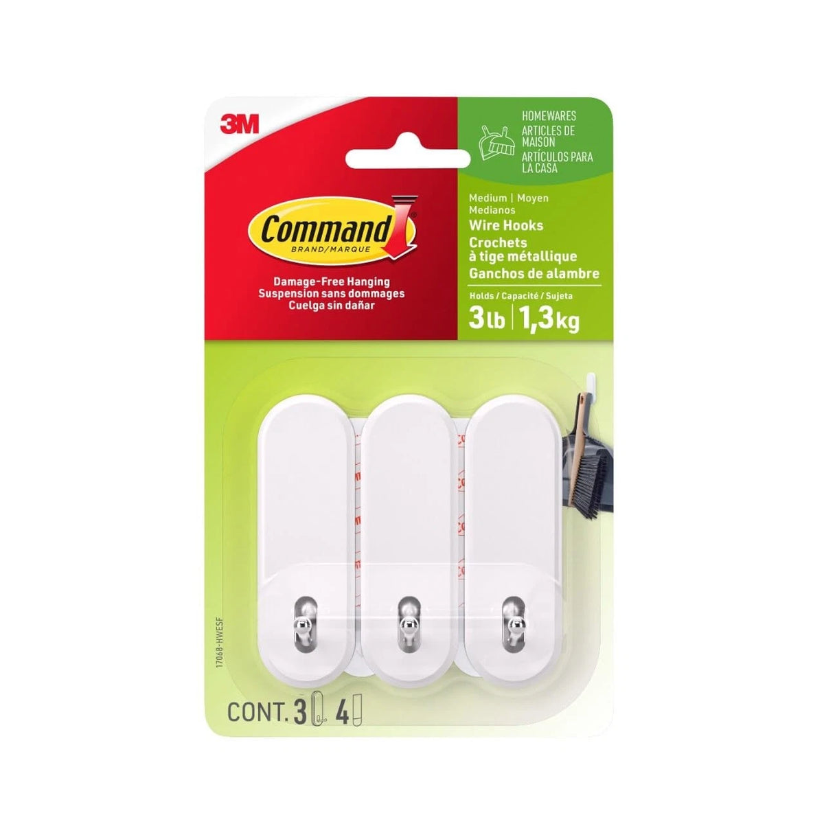 Set of 3 Command Medium Wire Hooks, Damage-Free, White
