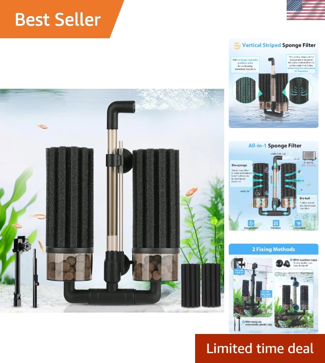 Double Sponge Filter for Aquarium - Adjustable Outlet, Optimal Circulation