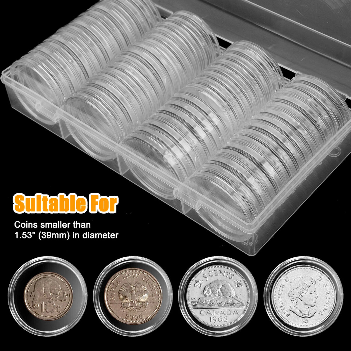 60PCS Coin Holder Capsules Case 39mm Clear for 1 Oz Silver Dollar