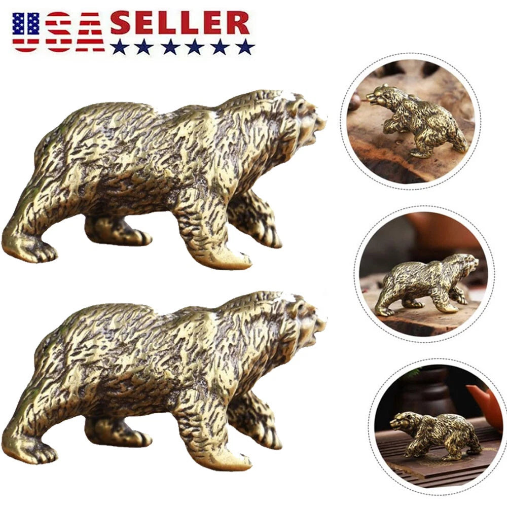 2X Solid Brass Bear Figurine Statues for Home Decor
