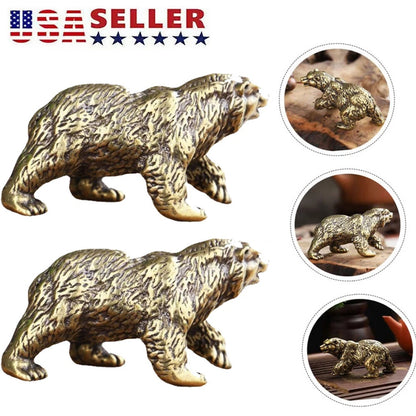 2X Solid Brass Bear Figurine Statues for Home Decor