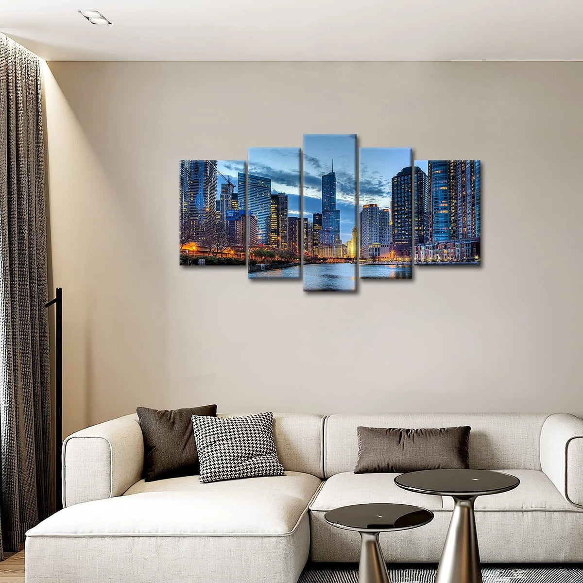 5 Panel Chicago Skyline Wall Art Canvas Prints