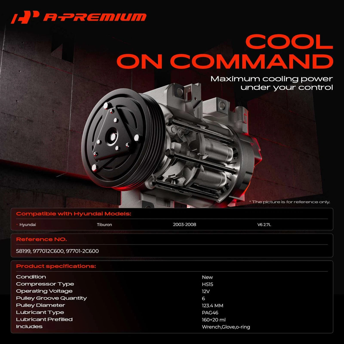 A/C Compressor with Clutch for Hyundai Tiburon (2003–2008) 977012C600, 97701-2C600, 58199