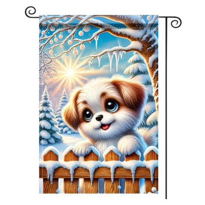 Winter Garden Flag 12x18 Inch Double-Sided Puppy on Snowy Fence