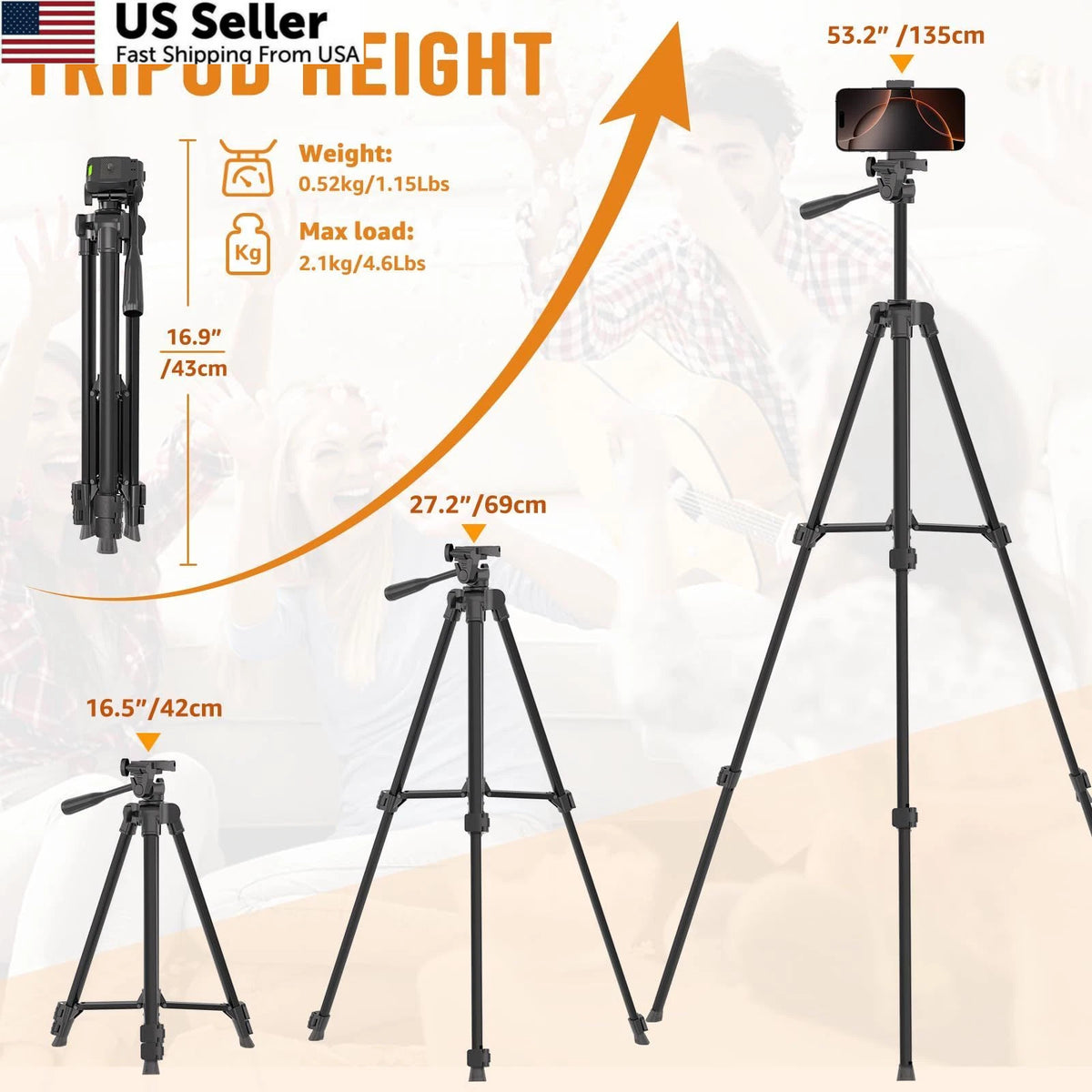 53'' Phone & Camera Mount Tripod Stand with Remote for Universal Use