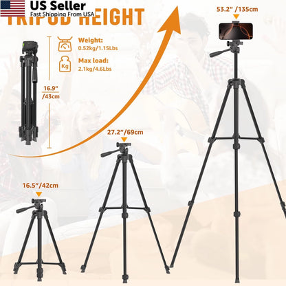 53'' Phone & Camera Mount Tripod Stand with Remote for Universal Use