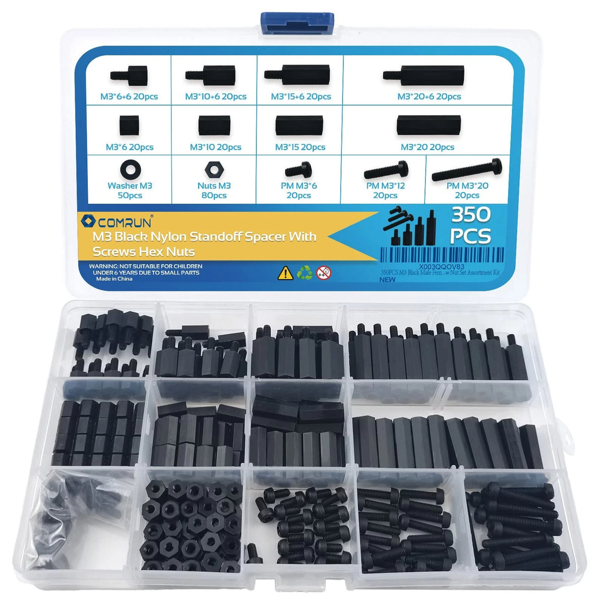 350PCS M3 Black Nylon Hex Spacer Standoff Screw Nut Set