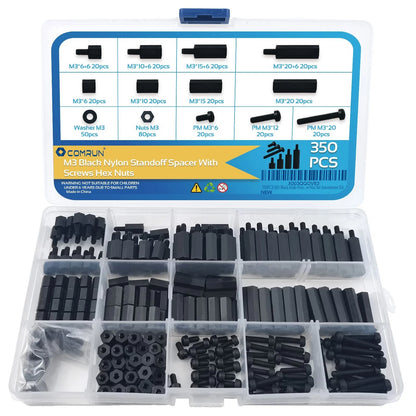 350PCS M3 Black Nylon Hex Spacer Standoff Screw Nut Set