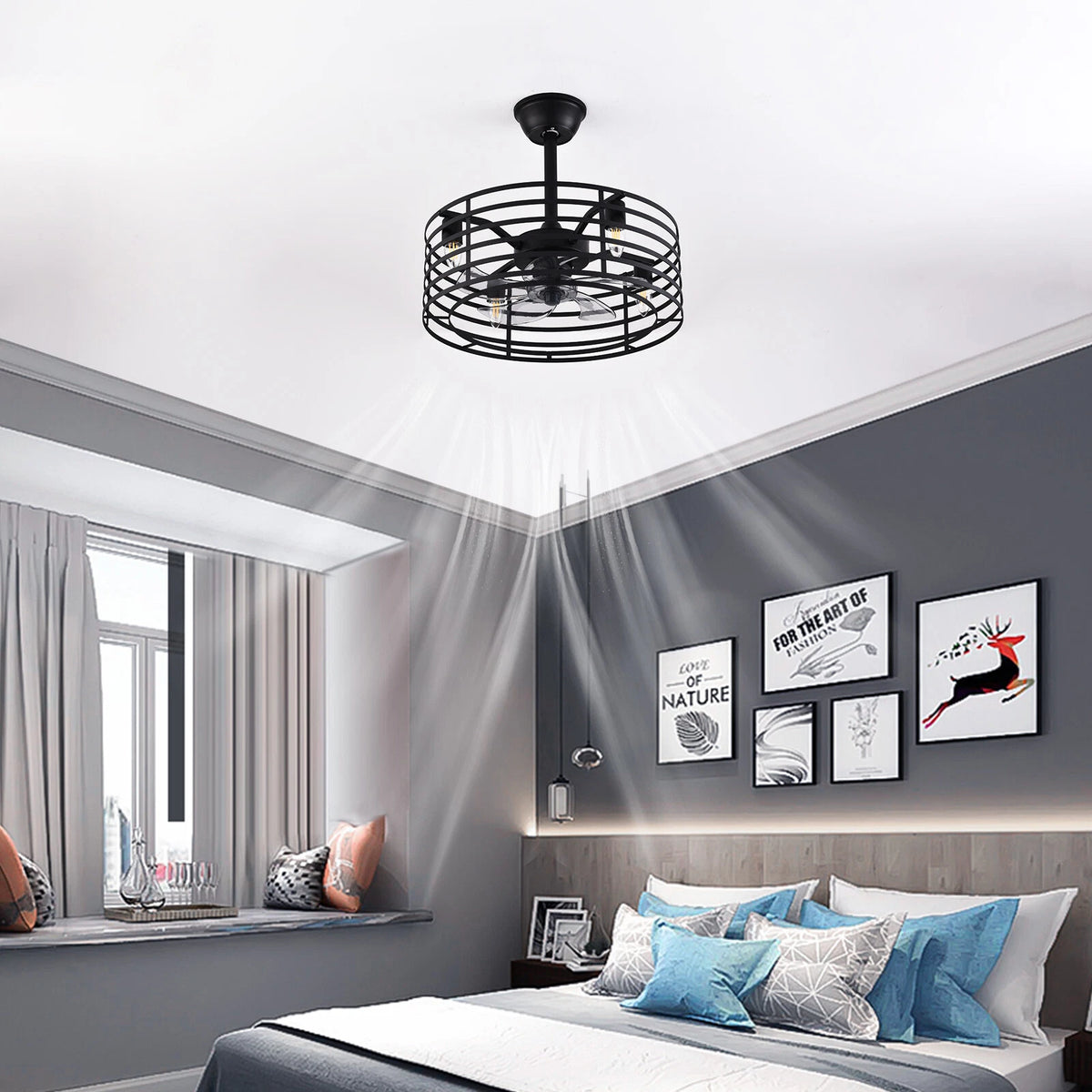 20" Rustic Caged Bladeless Ceiling Fan with Light Remote Control