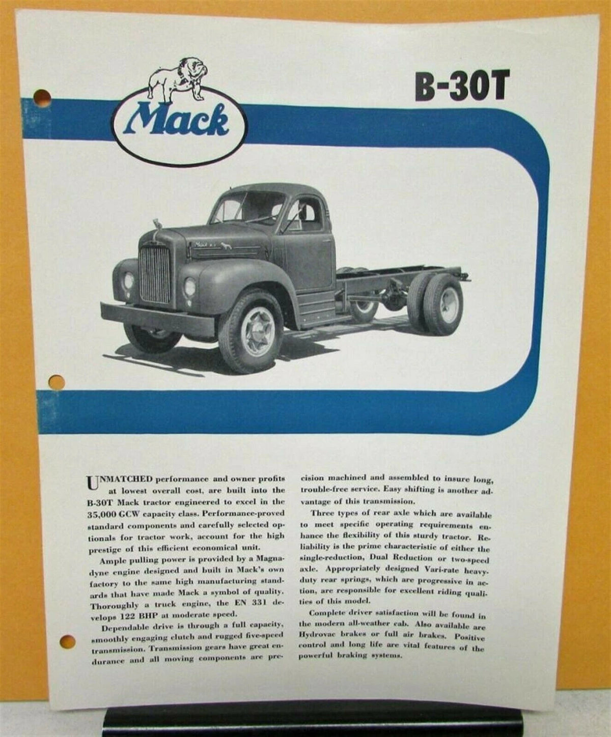Specification Sheet for 1957 Mack Truck Model B 30T