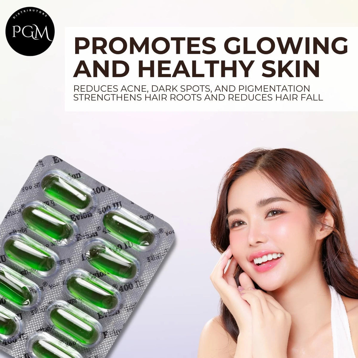 50 Evion Capsules Vitamin E for Glowing Face, Strong Hair, Acne, Nails
