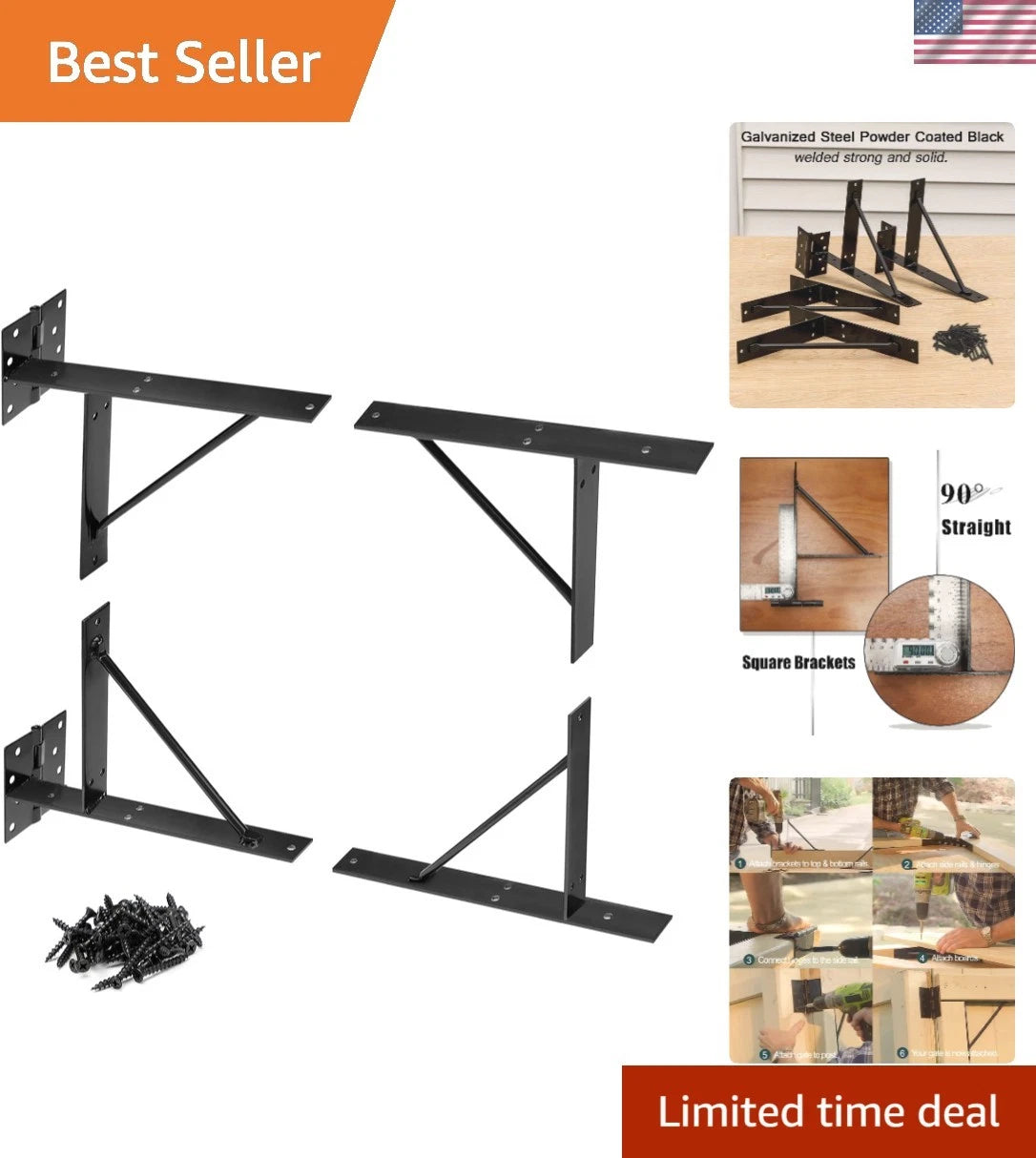 Set of 4 Heavy-Duty Powder Coated Corner Brace Kit for Wood Windows & Gates