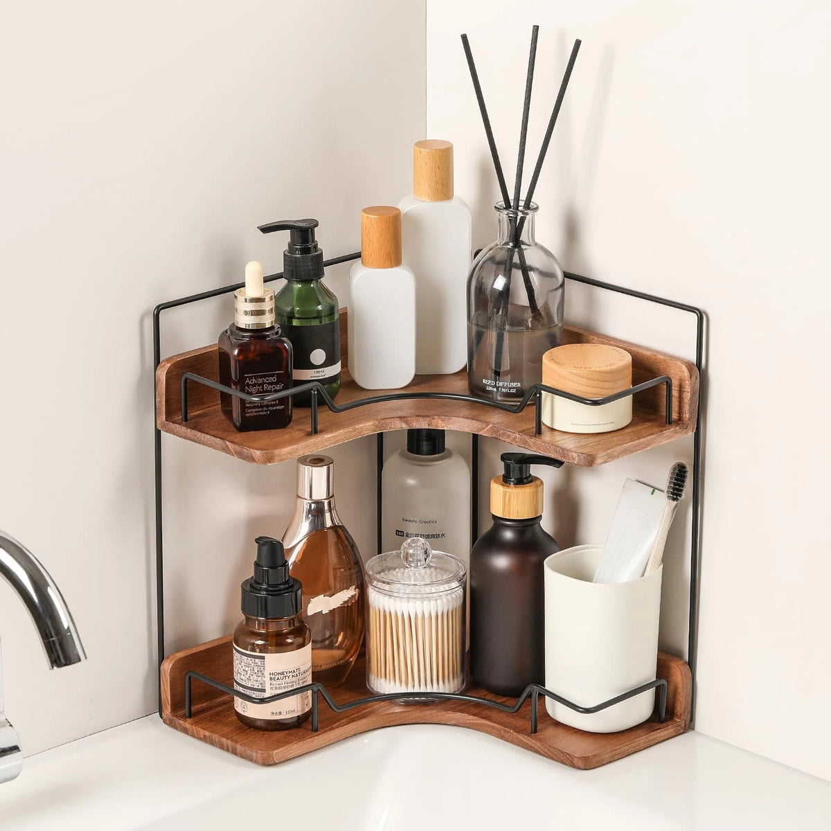 2-Tier Wooden Corner Shelf for Vanity Countertop