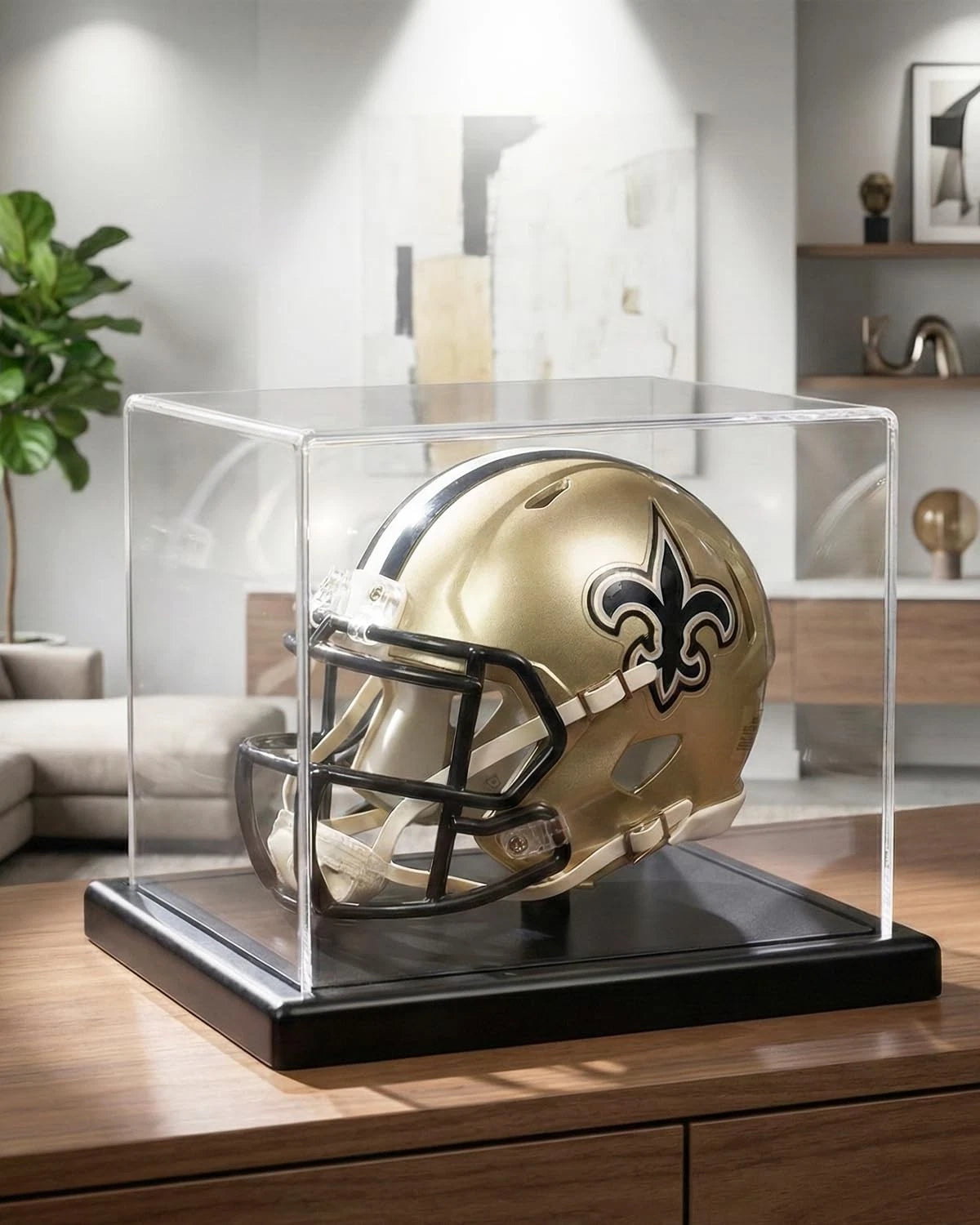 Mini Helmet Display Case with Solid Wood Base for Universal Use