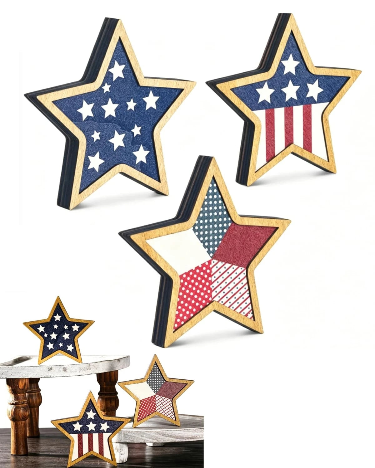 3 Pcs Wooden Stars Patriotic Decor for Americana (4th of July)