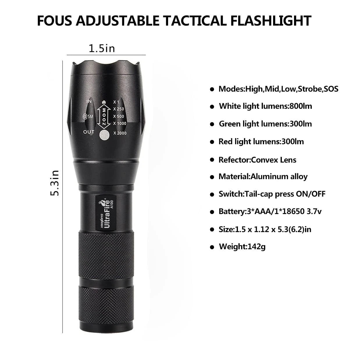 ULTRAFIRE A100 Tactical Flashlight 800 Lumens LED Zoomable Black