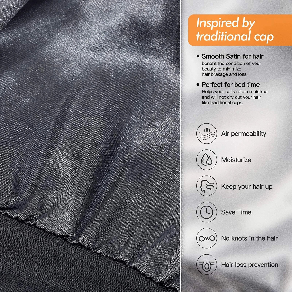 Silky Satin Lined Bonnet Sleep Cap for Adjustable Stay On One Size, Black