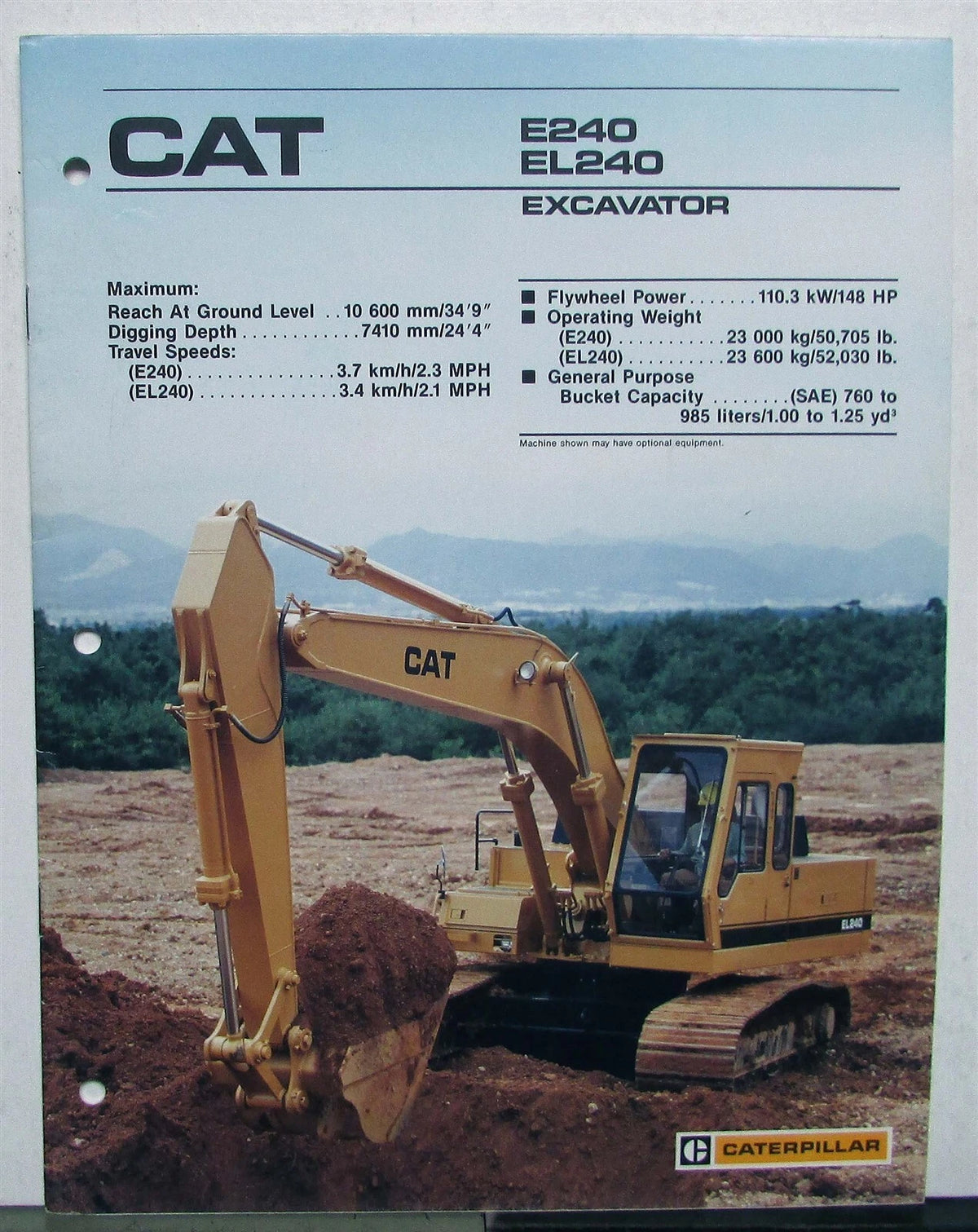 Excavator Specifications Brochure for Caterpillar E240 EL240 (1988)