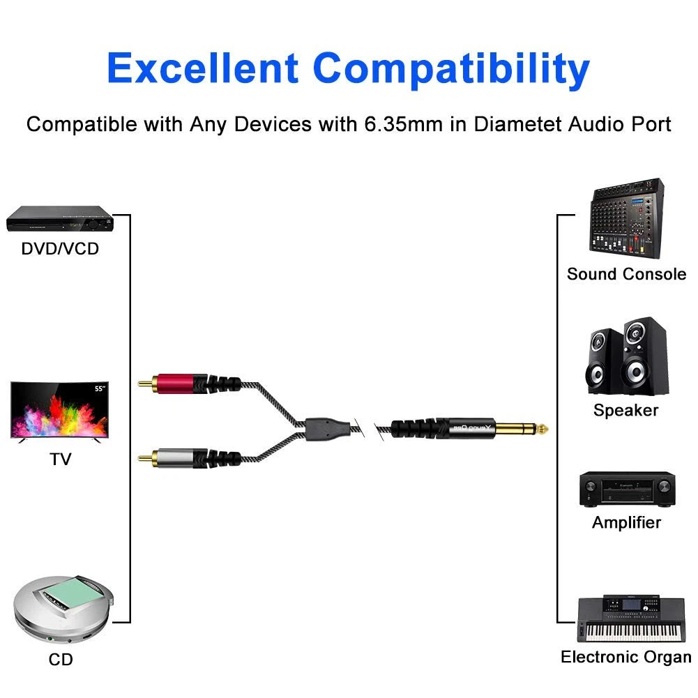 6 ft 6.35mm to 2RCA Cable for Audio Devices