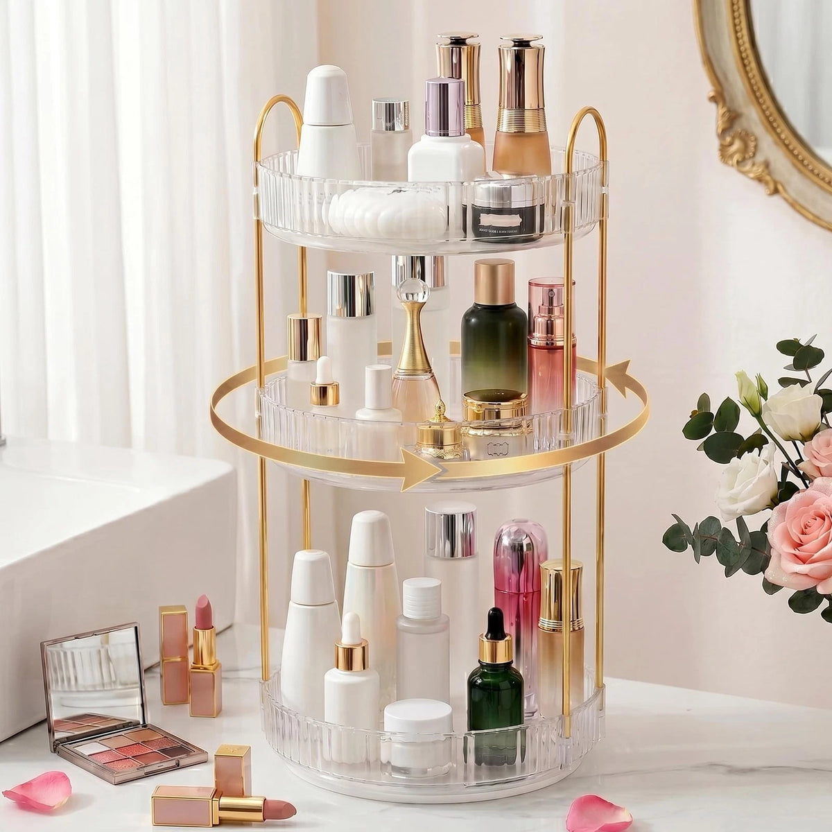 Crystal Three-Layer 360° Rotating Cosmetic Stand for Makeup Organization