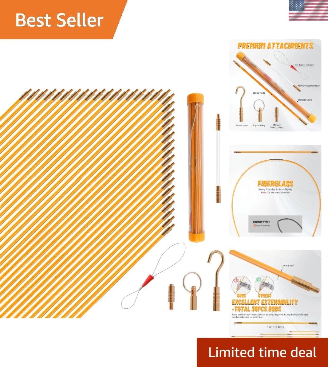 50FT Fiberglass Fish Tape Wire Puller Kit with Multiple Attachments