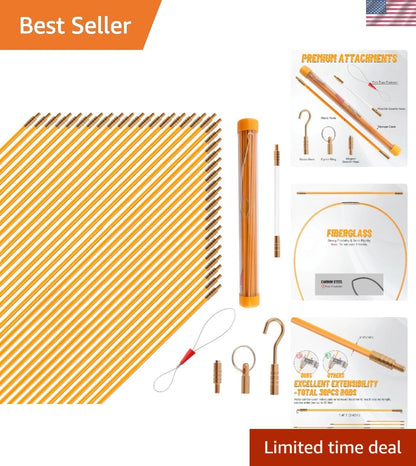 50FT Fiberglass Fish Tape Wire Puller Kit with Multiple Attachments