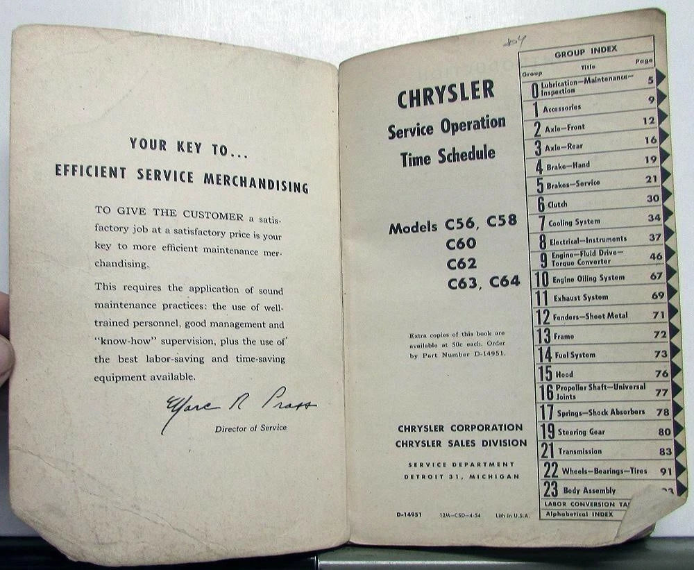 Service Operation Time Schedule Book for Chrysler (1953–1954)