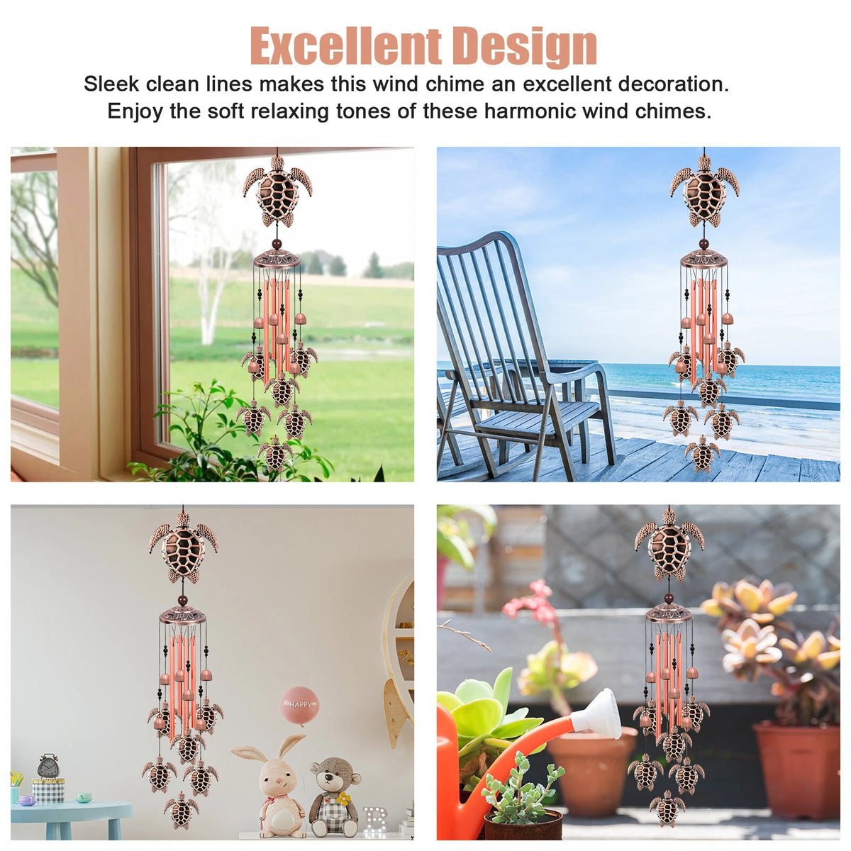 Large Turtle Wind Chimes 33 Bells Outdoor Garden Decor