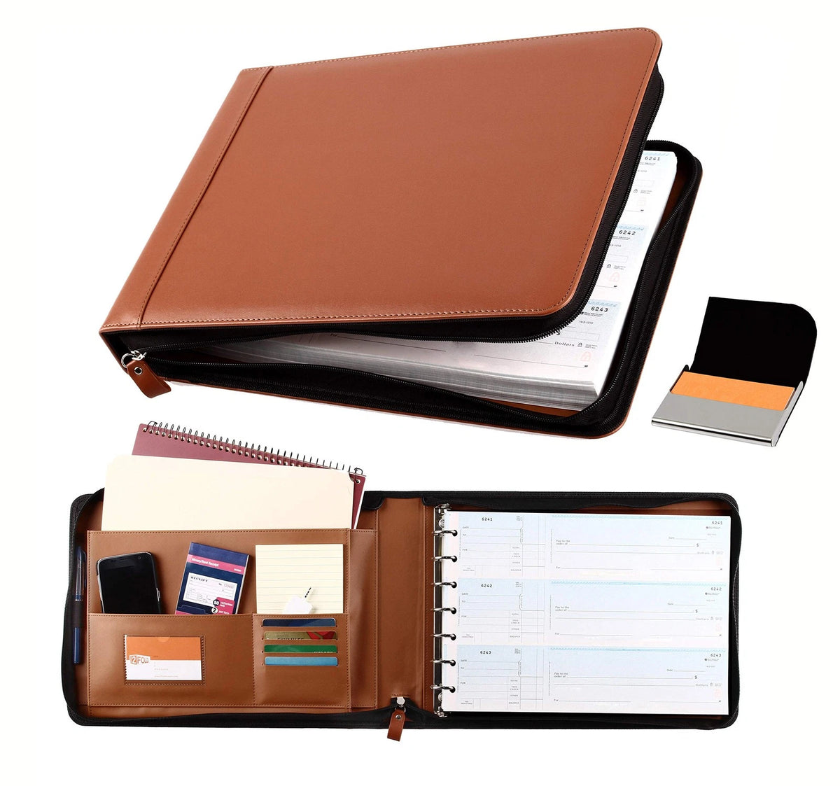 2X Zippered Checkbook Binder - 7 Ring for Light Brown