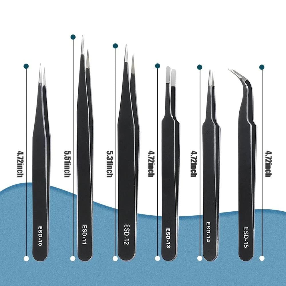6 Pcs Precision Anti-Static ESD Curved Tweezers Set for Electronics