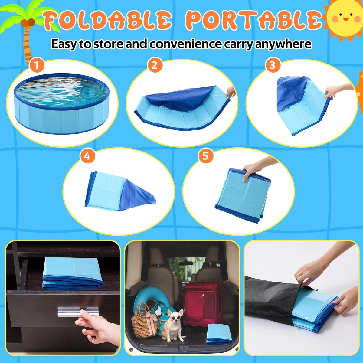 Foldable Dog Pool for Pets (24 x 8) - Portable Hard Plastic with Storage Bag